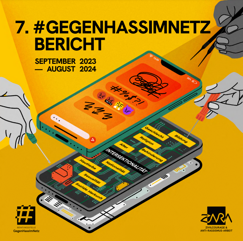 Deckblatt des Hass im Netz Berichts. Abgebildet sind illustrierte Hände die an einem Handy arbeiten.